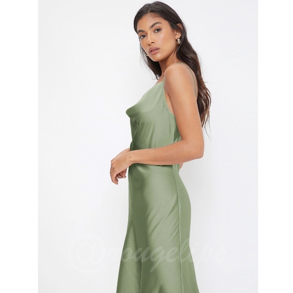 Green Satin Cami Dress Midi Adjustable Spaghetti Straps - Picture 3 of 8